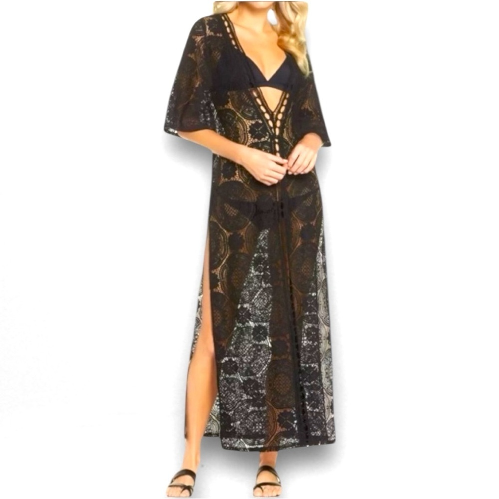 Chelsea 28 Elegant Black Lace maxi Swim Cover-Up Deep V-Neck Boho XSmall